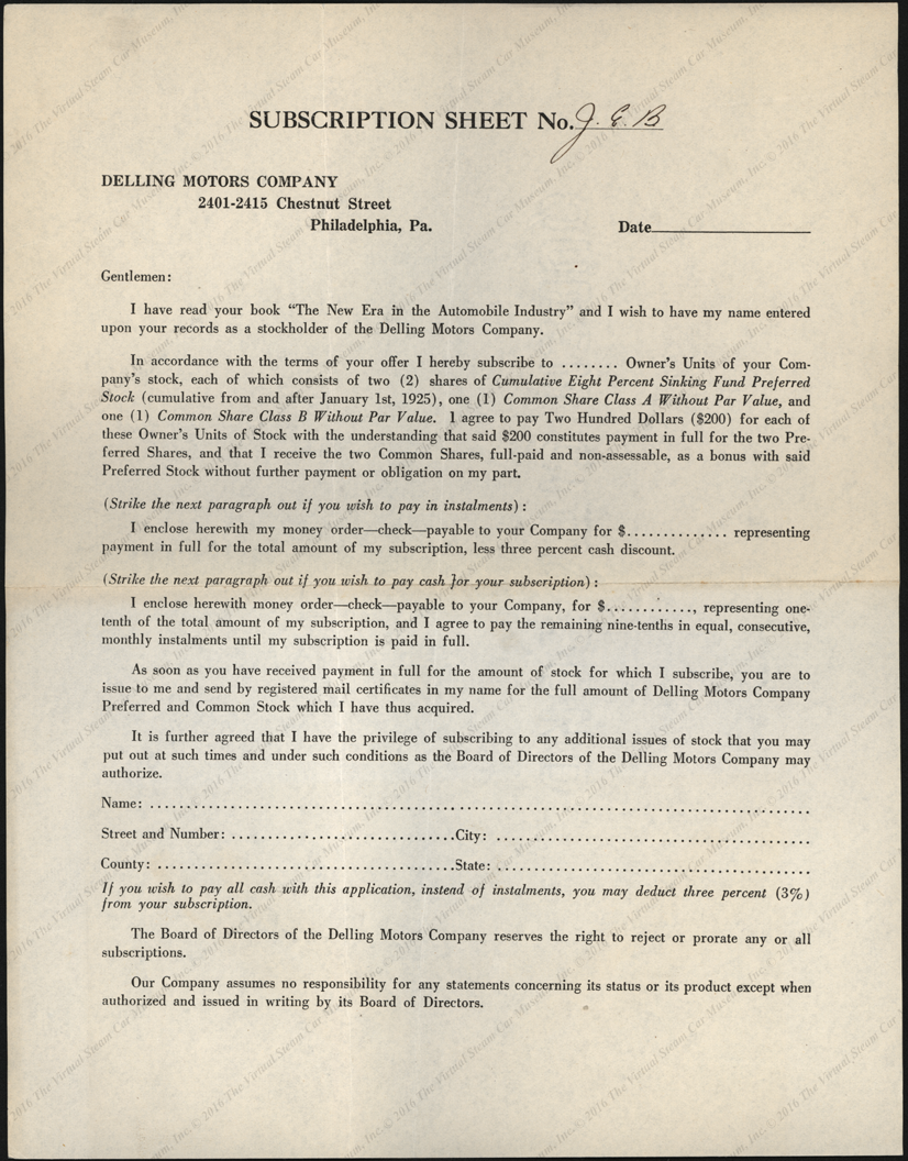 Delling Motors Company Stock Subscription Sheet with envelope, January  1925